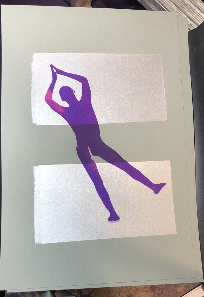 Screen print / purple person and two silver bars on light green by Evie Leder