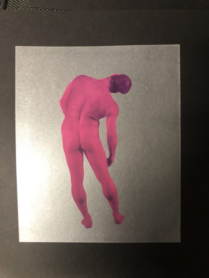 Screen print / pink person on black construction by Evie Leder