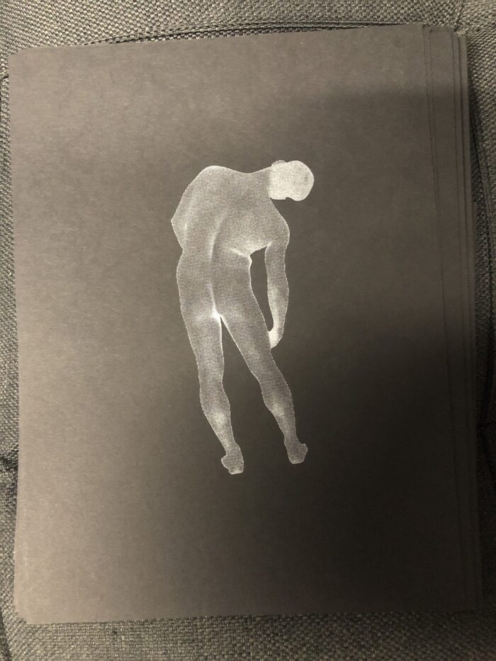 Screen print / person in silver ink on black paper